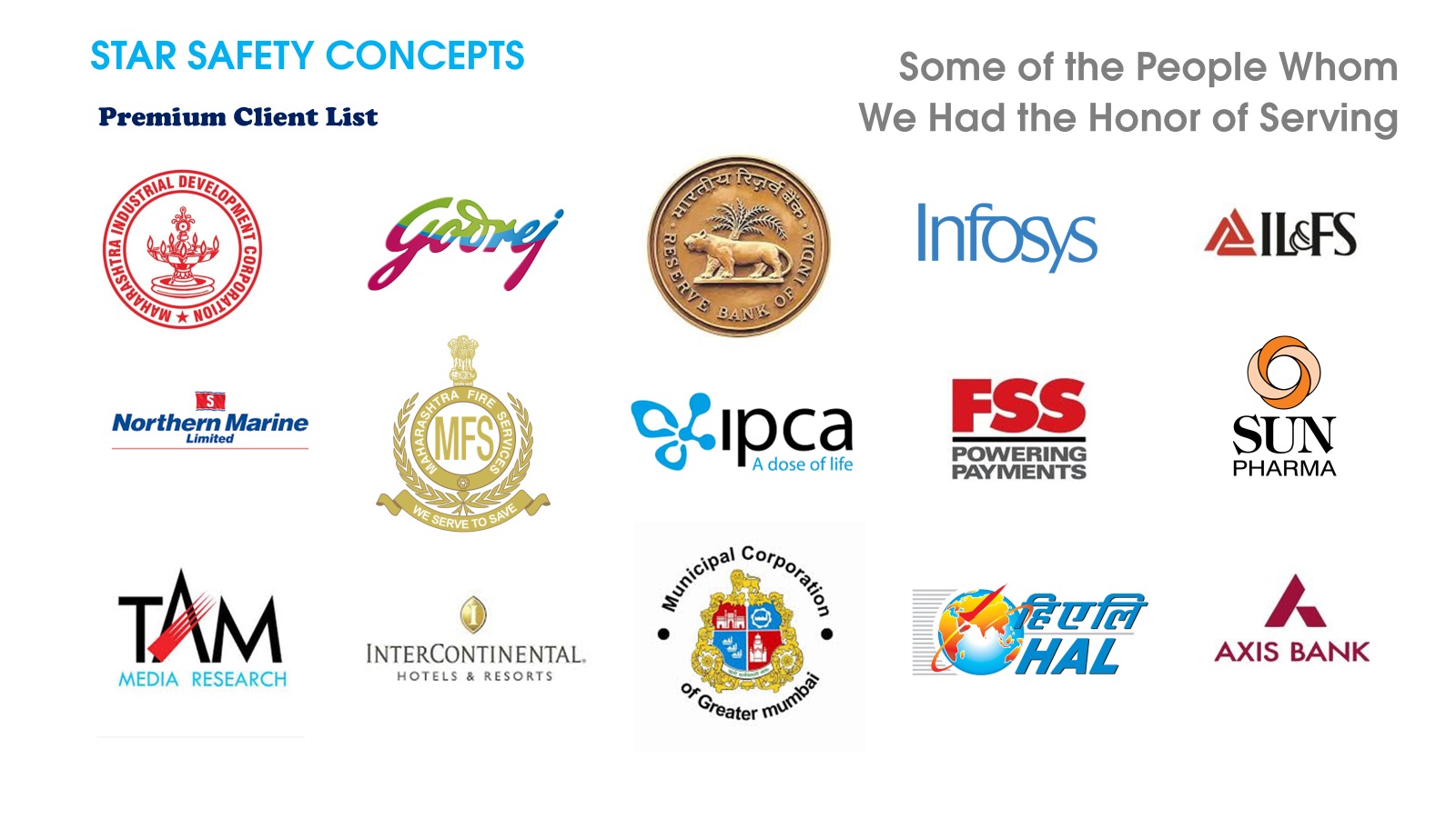 Star Electronic Concepts Premium Client Logos - Infosys, HCL, HDFC Bank, Cognizant, RBI, Godrej, ABB, Sun Pharma, Siemens, Axis Bank, HAL and Government Organizations